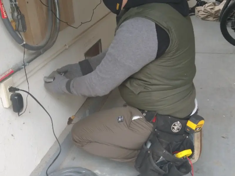Electrician performing outlet wiring in a Pepper Pike garage